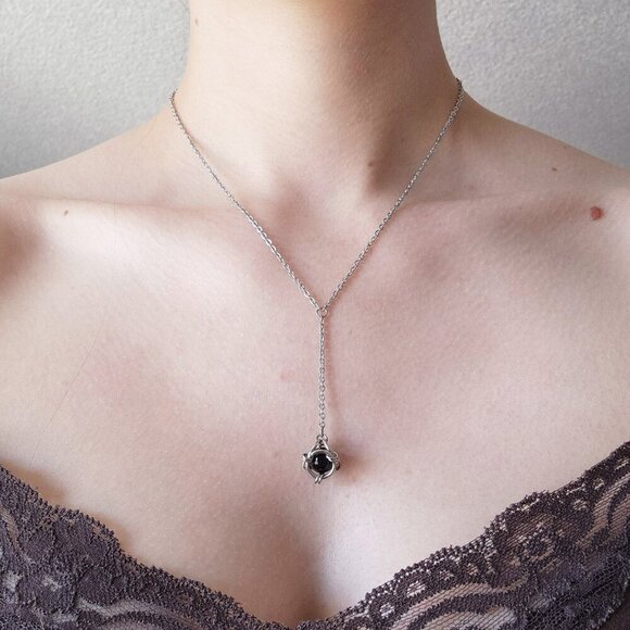 Vintage goth black obsidian and silver rosary necklace - Picture 6 of 7